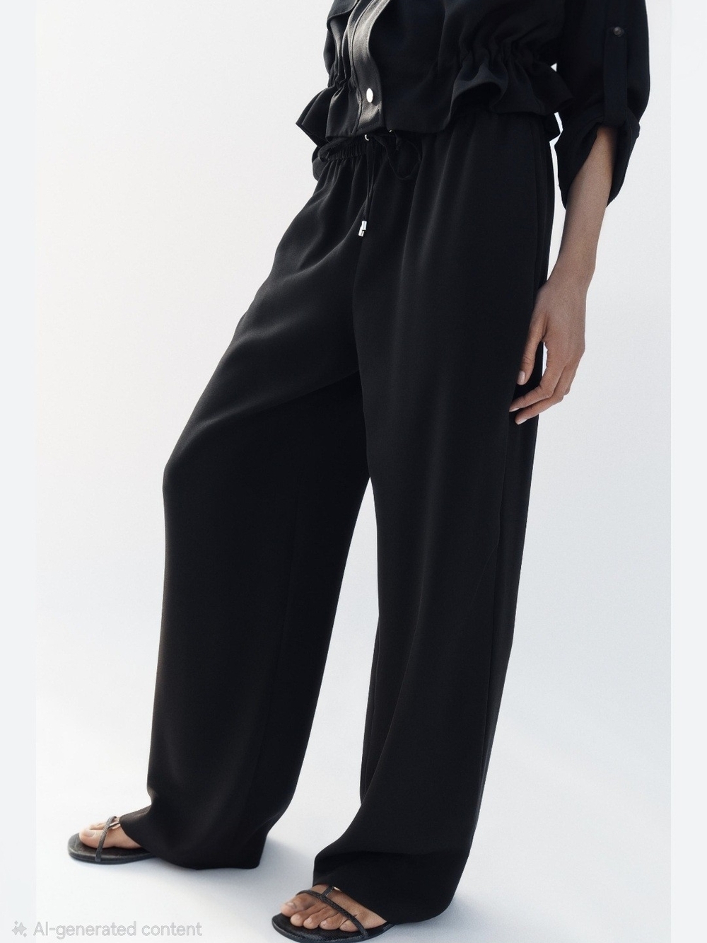 Zara black trousers featuring an elastic waistband and drawstring detail.